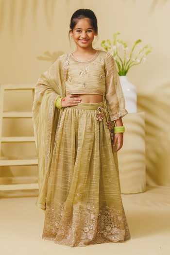 Fayon Kids Pista Green Embroidered Lehenga Set
