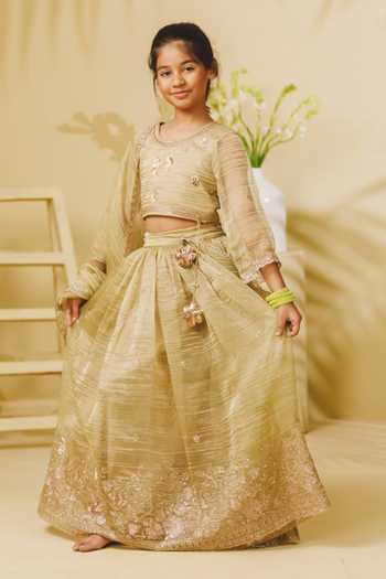 Fayon Kids_Green Organza, Tissue Pista Embroidered Lehenga Set _Online_at_Aza_Fashions