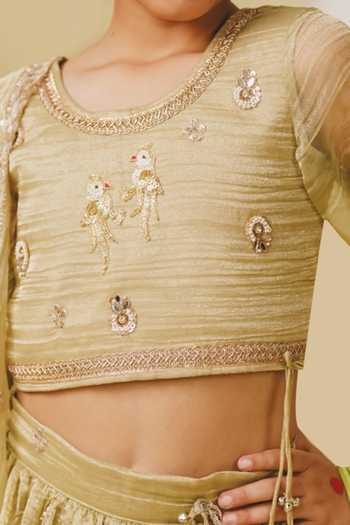 Buy_Fayon Kids_Green Organza, Tissue Pista Embroidered Lehenga Set _Online_at_Aza_Fashions