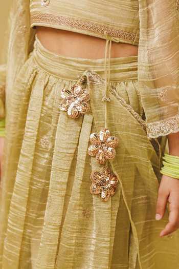 Shop_Fayon Kids_Green Organza, Tissue Pista Embroidered Lehenga Set _Online_at_Aza_Fashions