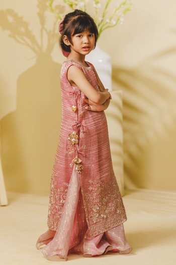 Fayon Kids_Pink Organza, Tissue Embroidery, Tassels Anarkali With Poncho _Online_at_Aza_Fashions