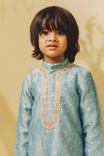 Shop Fayon Kids Blue Organza, Tissue, Crepe Placket Embroidered Kurta And Salwar Set Online at Aza Fashions Shop_Fayon Kids_Blue Organza, Tissue, Crepe Placket Embroidered Kurta And Salwar Set _Online_at_Aza_Fashions