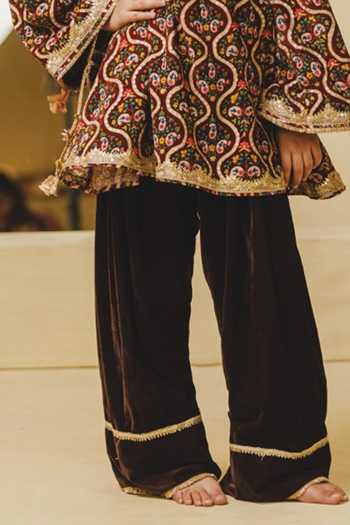 Fayon Kids_Brown Velvet Printed Kurta With Salwar _Online_at_Aza_Fashions