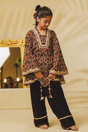 Buy_Fayon Kids_Brown Velvet Printed Kurta With Salwar _Online_at_Aza_Fashions