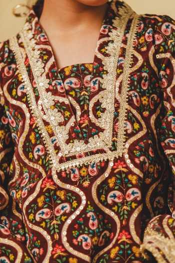 Shop_Fayon Kids_Brown Velvet Printed Kurta With Salwar _Online_at_Aza_Fashions