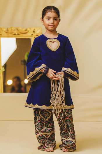 Buy_Fayon Kids_Blue Velvet Kurta With Printed Salwar _Online_at_Aza_Fashions
