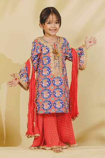 Fayon Kids_Blue Cotton, Georgette Patola Print Kurta Sharara Set _Online_at_Aza_Fashions