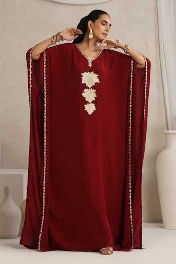Buy_Wazir C_Maroon Crepe V-neck Afsana Kashmiri Tilla Embroidered Kaftan _Online_at_Aza_Fashions