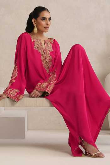 Wazir C_Pink Crepe Split V-neck Afsana Embroidered Long Kaftan _Online_at_Aza_Fashions