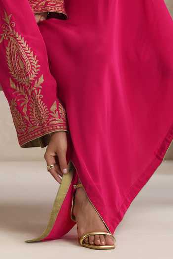 Buy_Wazir C_Pink Crepe Split V-neck Afsana Embroidered Long Kaftan _Online_at_Aza_Fashions