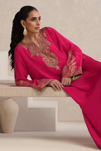 Shop_Wazir C_Pink Crepe Split V-neck Afsana Embroidered Long Kaftan _Online_at_Aza_Fashions