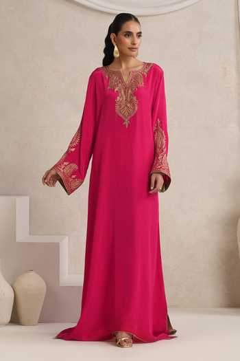Wazir C_Pink Crepe Split V-neck Afsana Embroidered Long Kaftan _at_Aza_Fashions