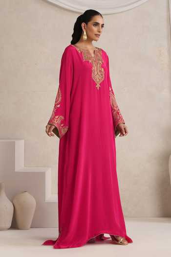 Buy_Wazir C_Pink Crepe Split V-neck Afsana Embroidered Long Kaftan 