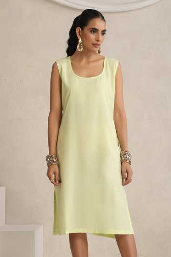 Wazir C_Green Crepe, Cotton V-neck Afsana Yoke Embroidered Kaftan _Online_at_Aza_Fashions