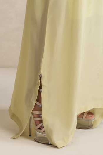 Buy_Wazir C_Green Crepe, Cotton V-neck Afsana Yoke Embroidered Kaftan _Online_at_Aza_Fashions