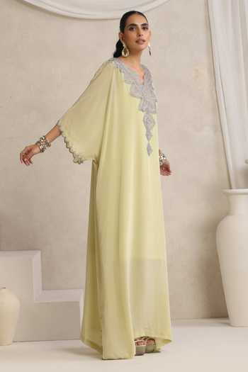 Shop_Wazir C_Green Crepe, Cotton V-neck Afsana Yoke Embroidered Kaftan _Online_at_Aza_Fashions