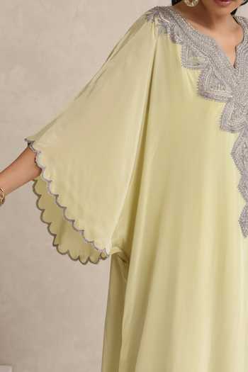 Wazir C_Green Crepe, Cotton V-neck Afsana Yoke Embroidered Kaftan _at_Aza_Fashions