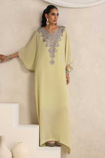 Buy_Wazir C_Green Crepe, Cotton V-neck Afsana Yoke Embroidered Kaftan 