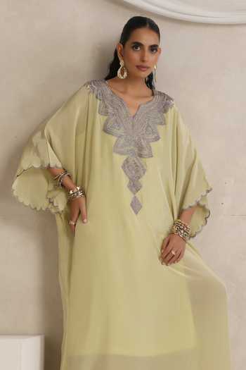 Shop_Wazir C_Green Crepe, Cotton V-neck Afsana Yoke Embroidered Kaftan 