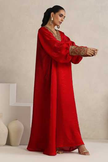 Wazir C_Red Silk V-neck Afsana Kashmiri Tilla Work Kaftan _Online_at_Aza_Fashions