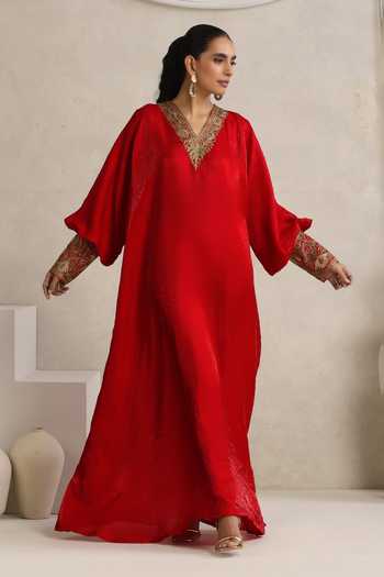 Buy_Wazir C_Red Silk V-neck Afsana Kashmiri Tilla Work Kaftan _Online_at_Aza_Fashions
