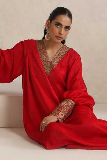 Shop_Wazir C_Red Silk V-neck Afsana Kashmiri Tilla Work Kaftan _Online_at_Aza_Fashions