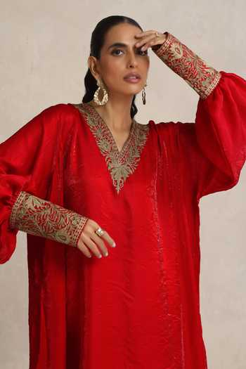 Shop_Wazir C_Red Silk V-neck Afsana Kashmiri Tilla Work Kaftan 