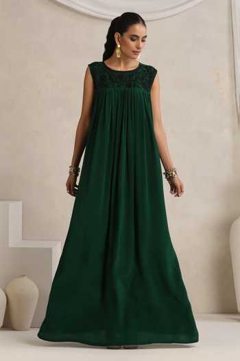 Wazir C_Emerald Green Crepe, Organza Afsana Kashmiri Aari Embroidered Dress With Cape _Online_at_Aza_Fashions