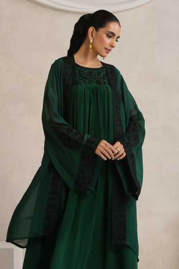 Buy_Wazir C_Emerald Green Crepe, Organza Afsana Kashmiri Aari Embroidered Dress With Cape _Online_at_Aza_Fashions