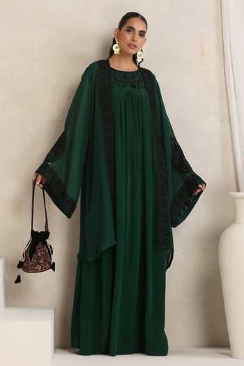 Shop_Wazir C_Emerald Green Crepe, Organza Afsana Kashmiri Aari Embroidered Dress With Cape _Online_at_Aza_Fashions