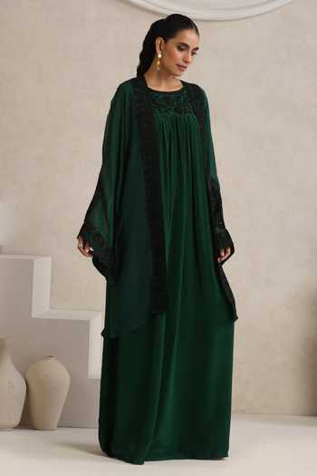 Wazir C_Emerald Green Crepe, Organza Afsana Kashmiri Aari Embroidered Dress With Cape _at_Aza_Fashions