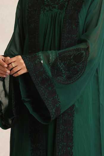 Buy_Wazir C_Emerald Green Crepe, Organza Afsana Kashmiri Aari Embroidered Dress With Cape 
