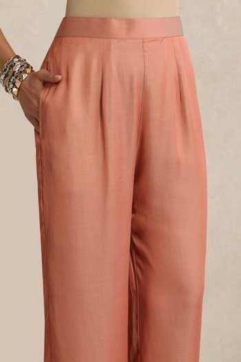 Wazir C_Peach Silk V-neck Afsana Kashmiri Tilla Kaftan And Pant Set _at_Aza_Fashions