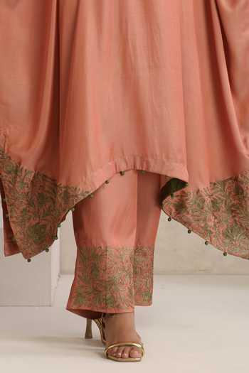 Shop_Wazir C_Peach Silk V-neck Afsana Kashmiri Tilla Kaftan And Pant Set 