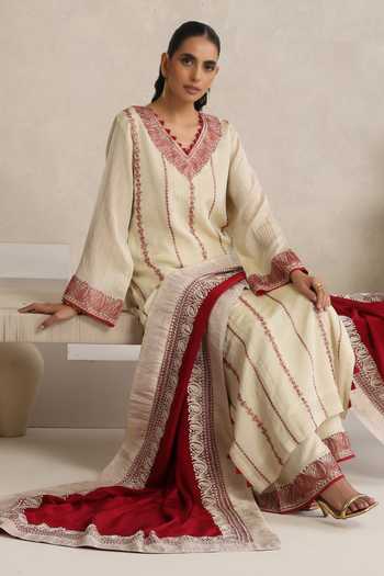 Buy_Wazir C_Off White Silk, Crepe V-neck, Yes Afsana Kashmiri Tilla Embroidered Kurta Set 
