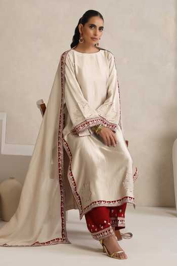 Buy_Wazir C_Off White Satin, Crepe, Organza Round Neck Afsana Kashmiri Tilla Work Kurta Set _Online_at_Aza_Fashions