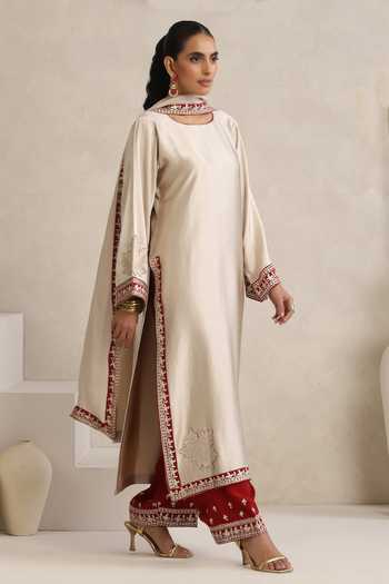 Wazir C_Off White Satin, Crepe, Organza Round Neck Afsana Kashmiri Tilla Work Kurta Set _at_Aza_Fashions