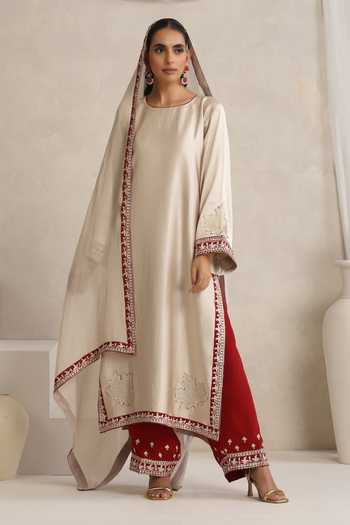Buy_Wazir C_Off White Satin, Crepe, Organza Round Neck Afsana Kashmiri Tilla Work Kurta Set 