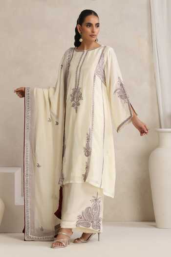 Buy_Wazir C_Cream Silk, Organza Boat Neck Afsana Embroidered Kurta Set _Online_at_Aza_Fashions