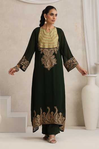 Buy_Wazir C_Green Georgette Notched Neck Afsana Kashmiri Tilla Kurta Pant Set _Online_at_Aza_Fashions