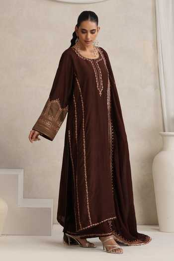 Buy_Wazir C_Brown Silk, Organza Round Neck Afsana Embroidered Kurta Set _Online_at_Aza_Fashions