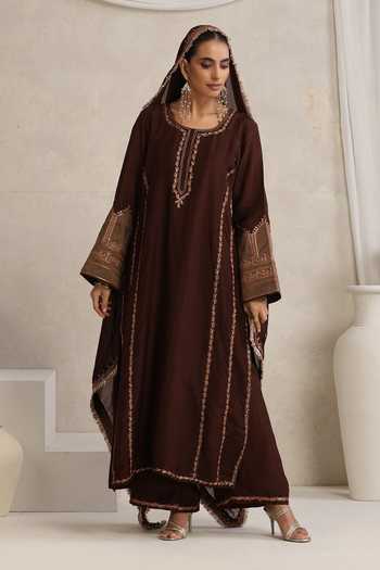 Shop_Wazir C_Brown Silk, Organza Round Neck Afsana Embroidered Kurta Set _Online_at_Aza_Fashions