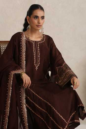 Shop Wazir C Brown Silk, Organza Round Neck Afsana Embroidered Kurta Set Shop_Wazir C_Brown Silk, Organza Round Neck Afsana Embroidered Kurta Set