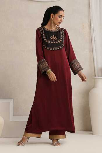 Buy_Wazir C_Maroon Satin, Silk Boat Neck Afsana Yoke Embroidered Kurta Set _Online_at_Aza_Fashions