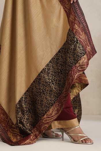 Shop_Wazir C_Maroon Satin, Silk Boat Neck Afsana Yoke Embroidered Kurta Set _Online_at_Aza_Fashions