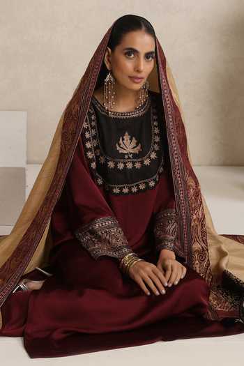 Wazir C_Maroon Satin, Silk Boat Neck Afsana Yoke Embroidered Kurta Set _at_Aza_Fashions
