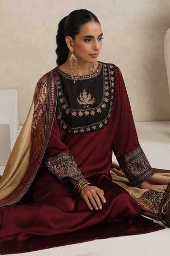 Shop_Wazir C_Maroon Satin, Silk Boat Neck Afsana Yoke Embroidered Kurta Set 