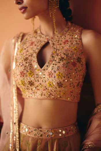 Drishti & Zahabia Yellow Silk, Organza, Crepe, Tissue, Dupion Noor Phulkari Print Lehenga Set Online at Aza Fashions Drishti & Zahabia_Yellow Silk, Organza, Crepe, Tissue, Dupion Noor Phulkari Print Lehenga Set _Online_at_Aza_Fashions