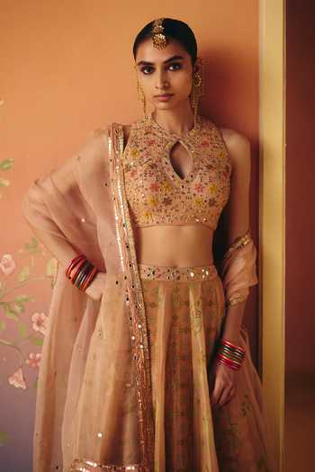 Shop Drishti & Zahabia Yellow Silk, Organza, Crepe, Tissue, Dupion Noor Phulkari Print Lehenga Set Online at Aza Fashions Shop_Drishti & Zahabia_Yellow Silk, Organza, Crepe, Tissue, Dupion Noor Phulkari Print Lehenga Set _Online_at_Aza_Fashions