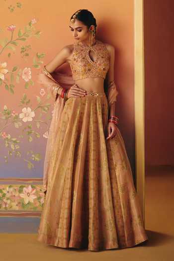 Drishti & Zahabia Yellow Silk, Organza, Crepe, Tissue, Dupion Noor Phulkari Print Lehenga Set at Aza Fashions Drishti & Zahabia_Yellow Silk, Organza, Crepe, Tissue, Dupion Noor Phulkari Print Lehenga Set _at_Aza_Fashions